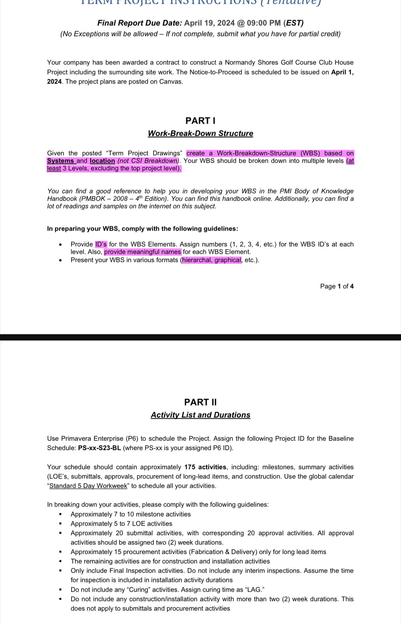 I need help creating the WBS elements and the activity names for