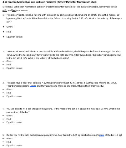 4.10 Practice Momentum and Collision Problems (Review Part 2 for Momentum