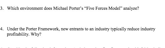 3. Which environment does Michael Porter's "Five Forces Model" analyze? 4.