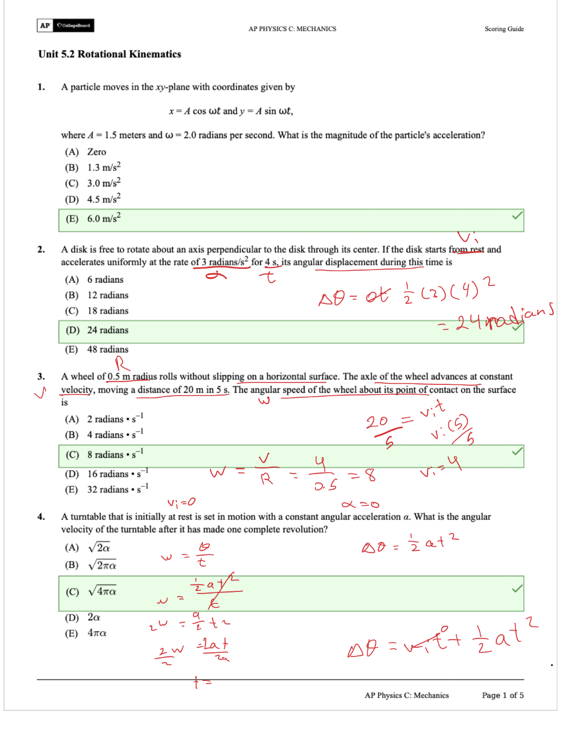 2 ) ( 4 2 ) Scoring Guide Unit 5.2 Rotational Kinematics