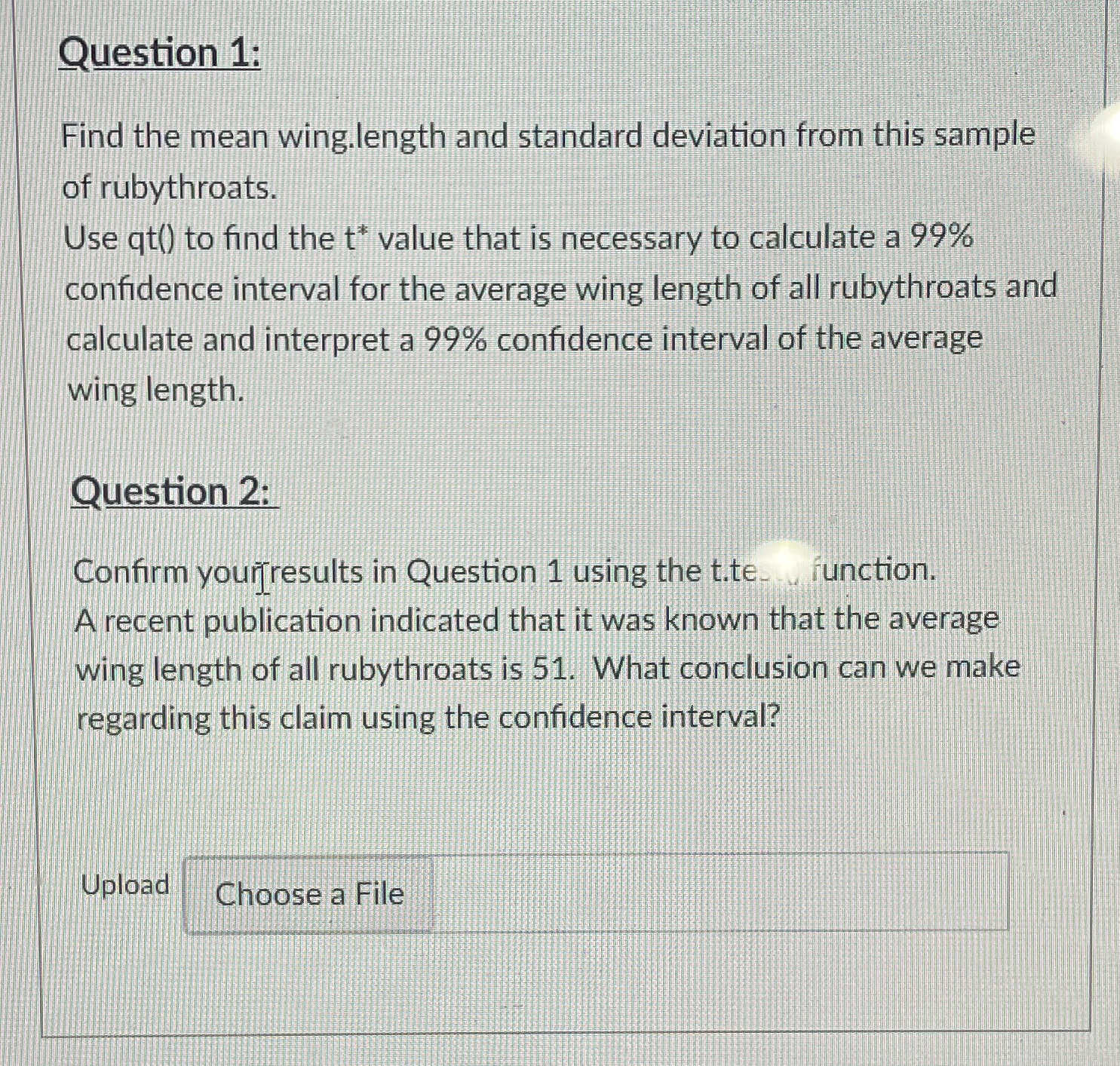  Question 1: Find the mean wing.length and standard deviation from this