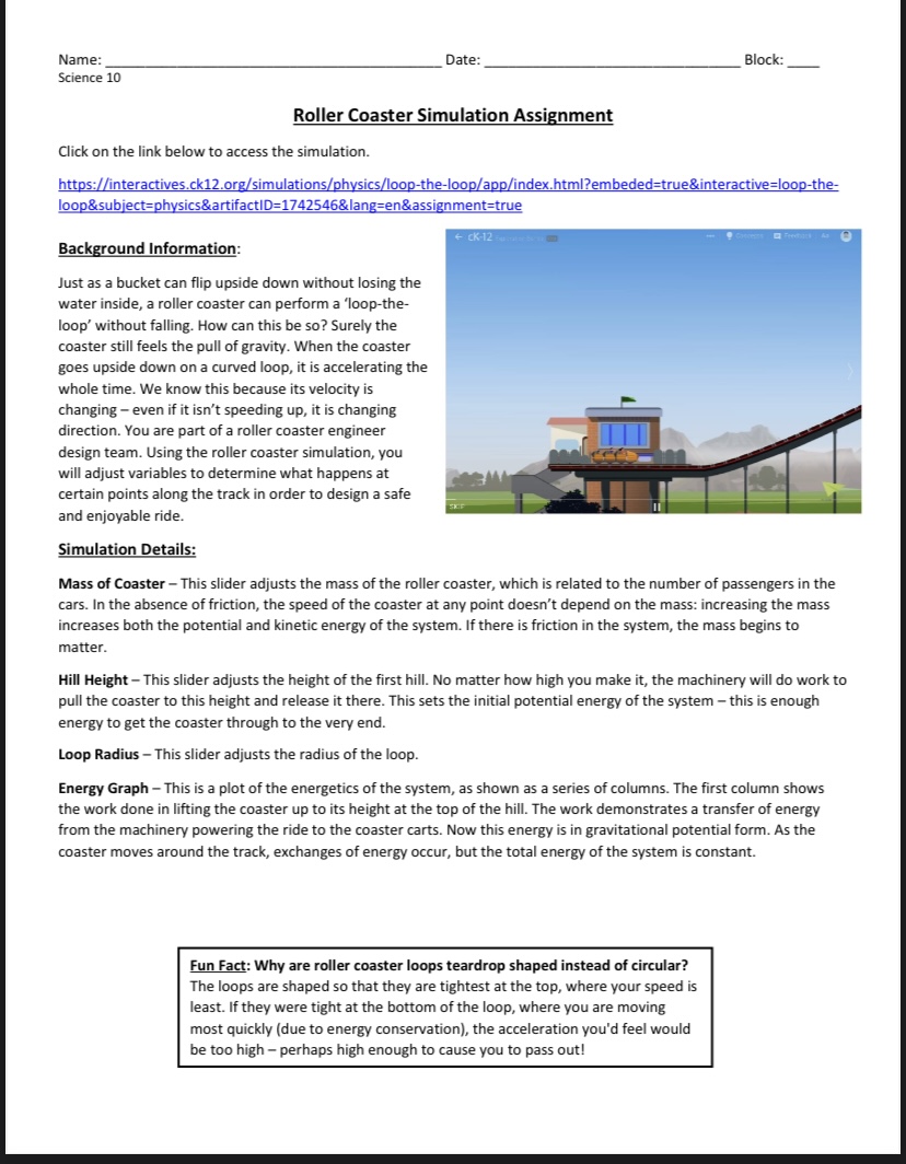  Name: Date: Block: Science 1|] Roller Coaster Simulation Assignment Click on