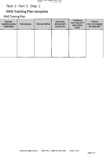 COLLEGE Task 3: Part 3, Step 1 WHS Training Plan template
