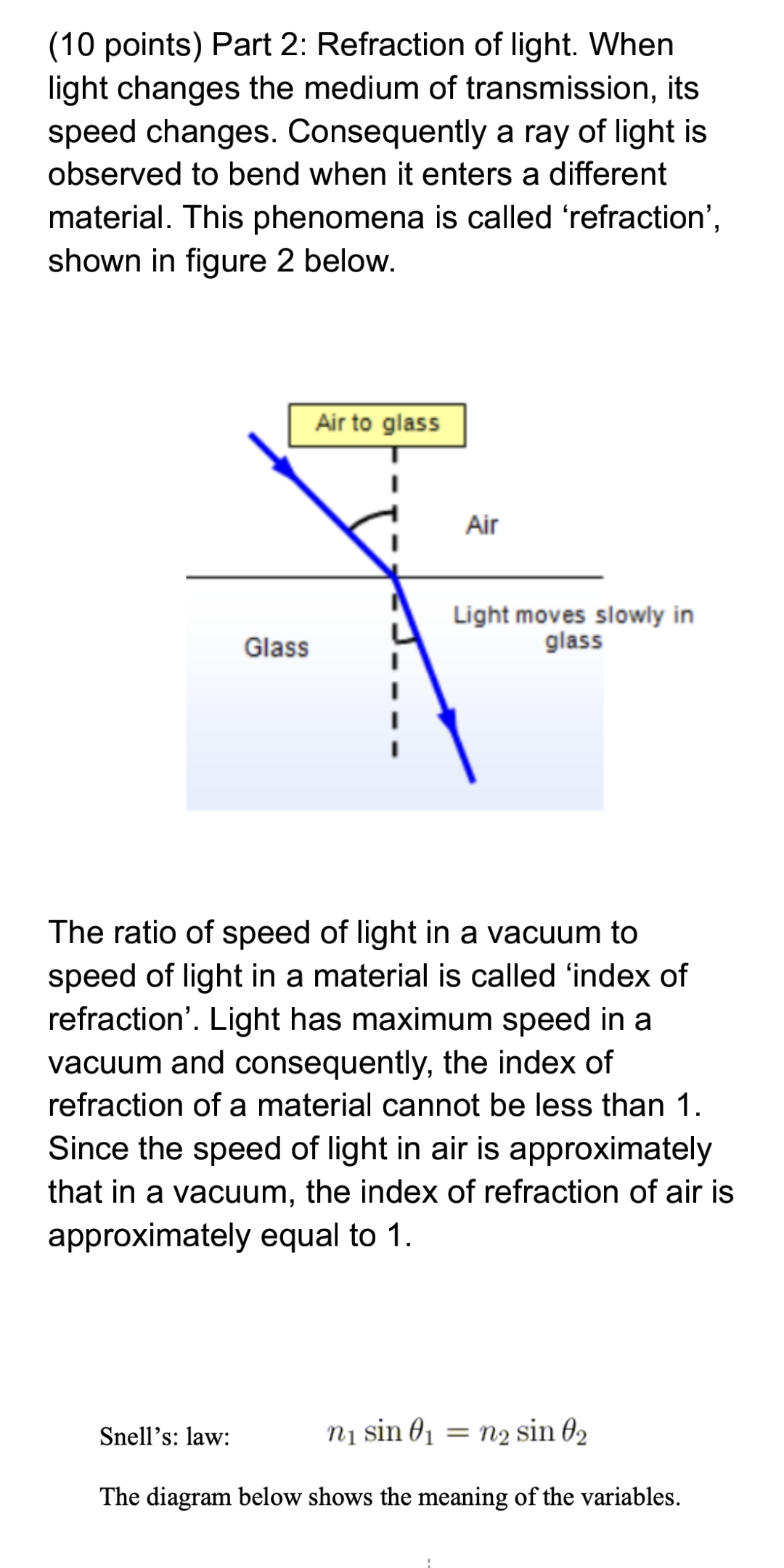 (10 points) Part 2: Refraction of light. When light changes the