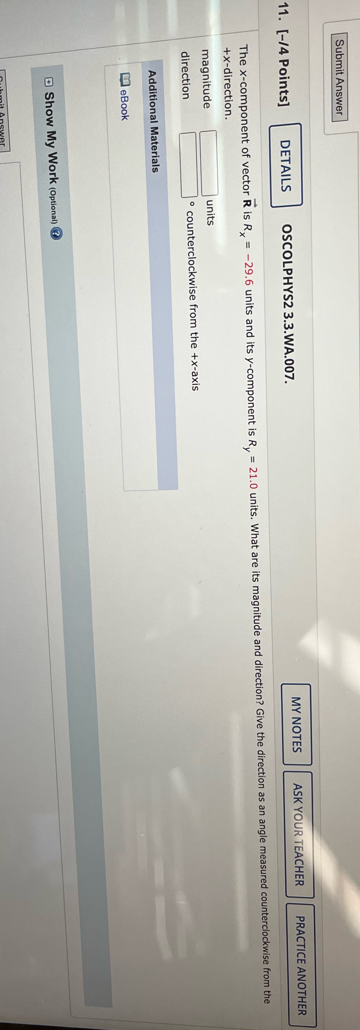  Submit Answer 11. [-/4 Points] DETAILS OSCOLPHYS2 3.3.WA.007. MY NOTES ASK