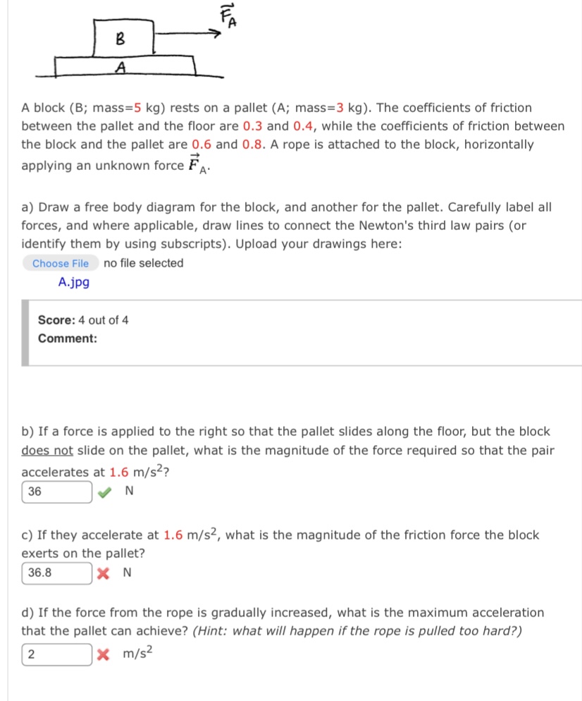 B A A block (B; mass=5 kg) rests on a pallet
