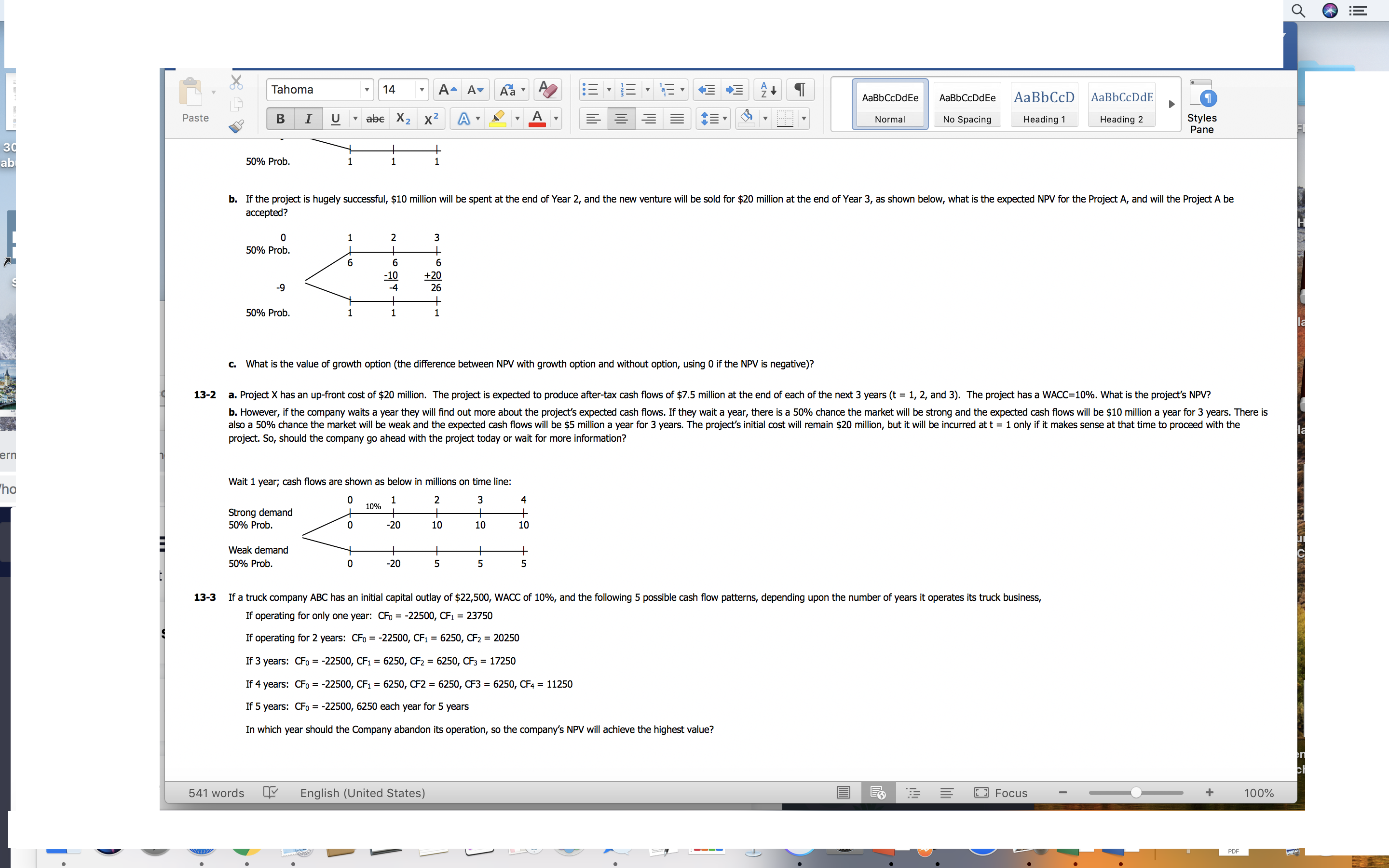 with WACC = 11%, and cash flows as shown below in millions.