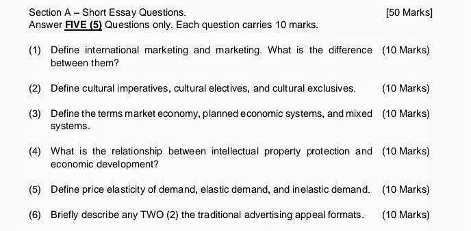  Section A - Short Essay Questions. [50 Marks] Answer FIVE (5)