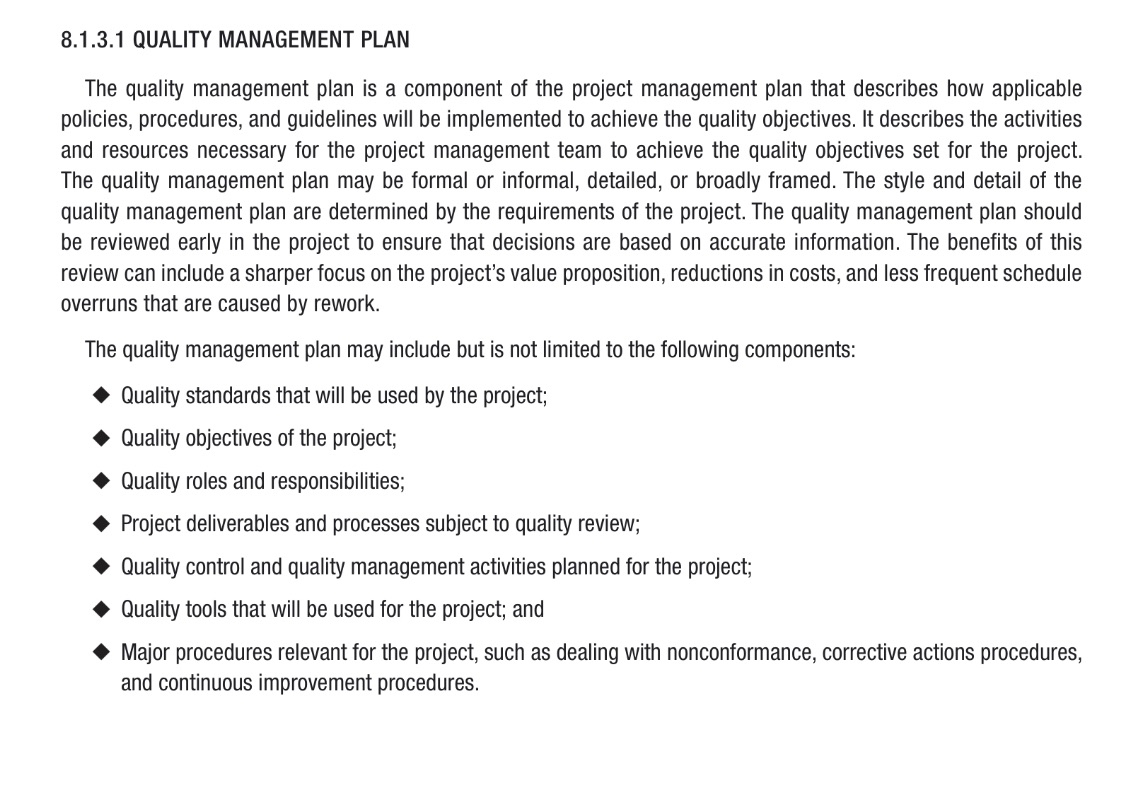 quality management plan using the elements described in the PMBOK 6e (Section