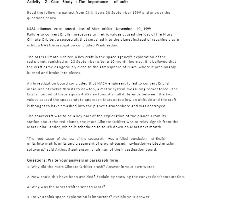  Activity 2 : Case Study : The Importance of units Read