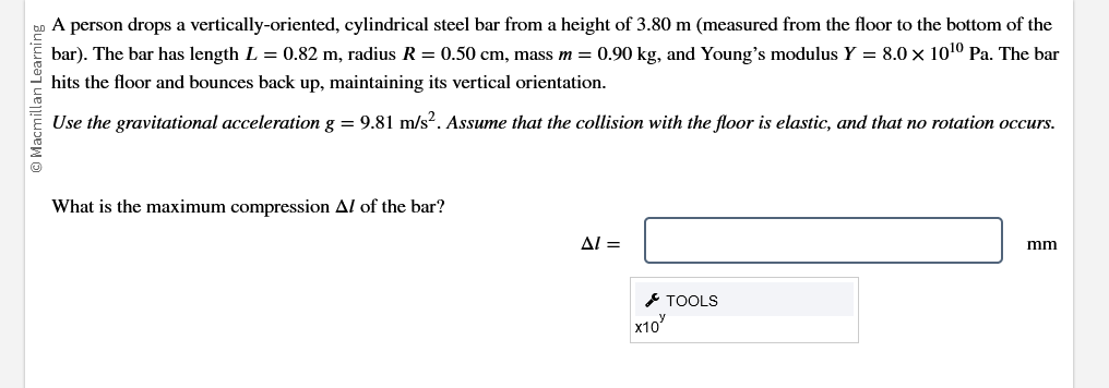 w A person drops a vertically-oriented, cylindrical steel bar from a