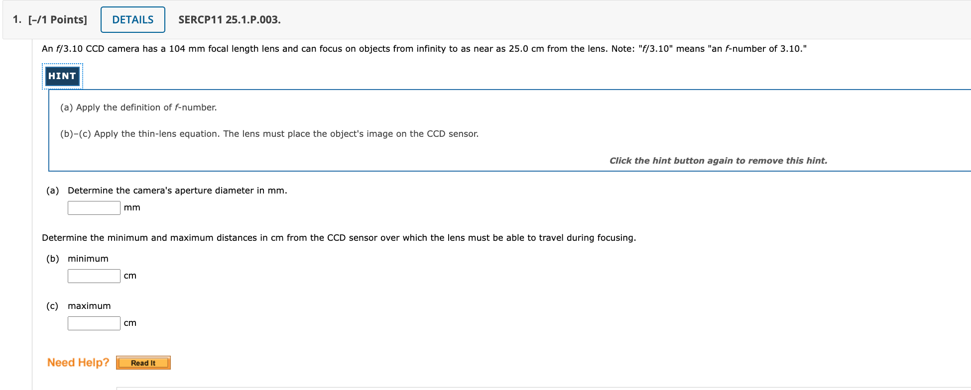 please answer them correctly 1. [11 Points] SERCP11 25.1.P.003. An 173.10 CCD