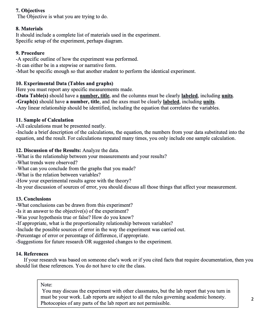 record of the experiments and raw data included in the report. (2)