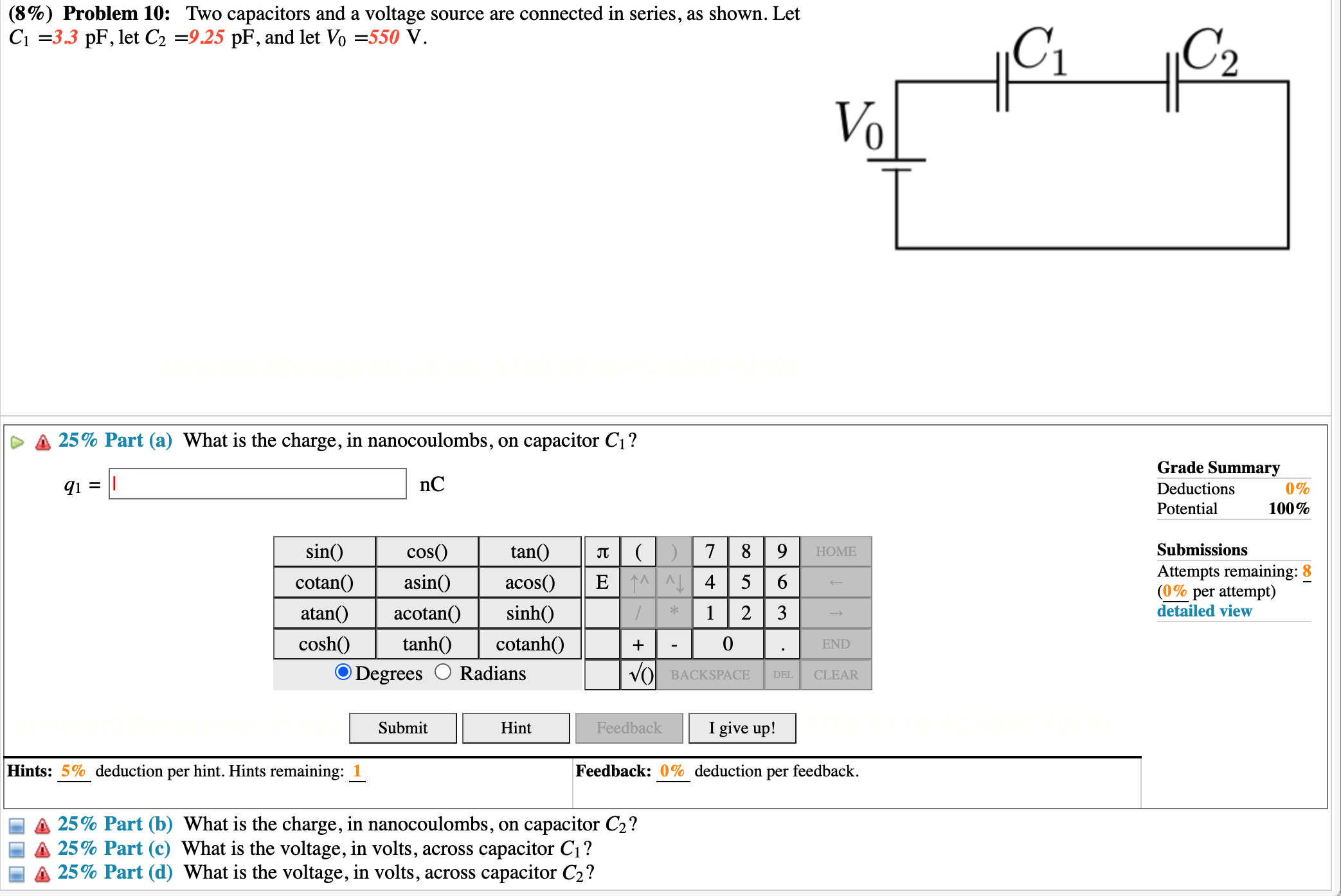  (8%) Problem 10: Two capacitors and a voltage source are connected