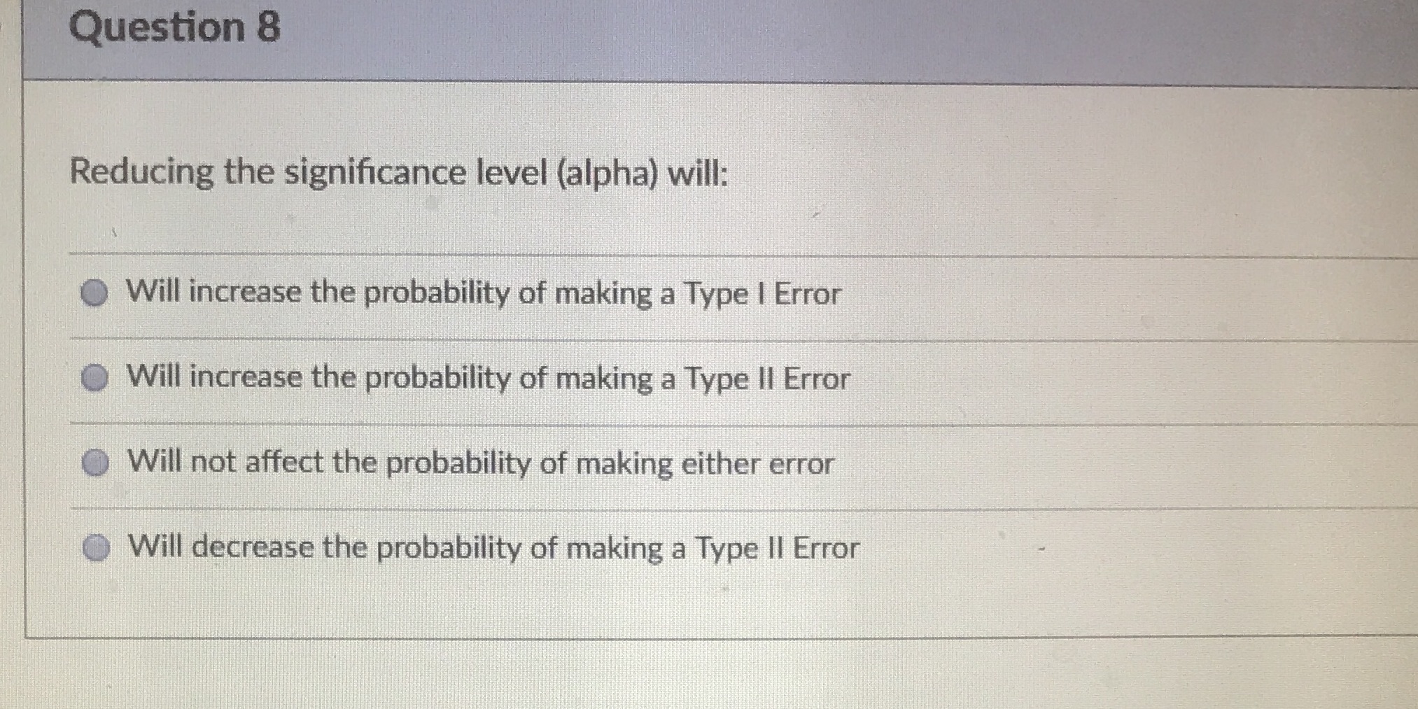 Question 8 Reducing the significance level (alpha) will: Will increase the