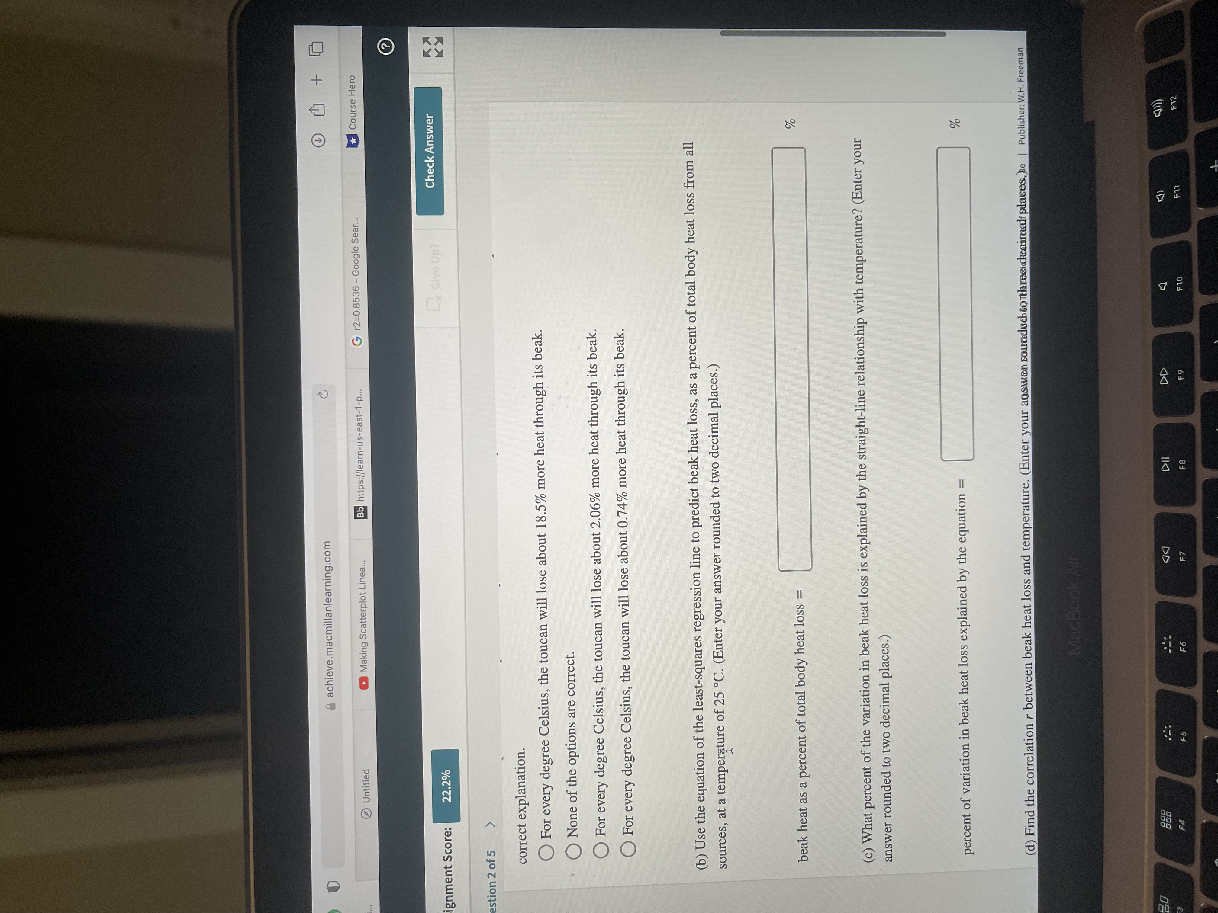  achieve.macmillanlearning.com Untitled Making Scatterplot Linea.. Bb https://learn-us-east-1-p.. G r2=0.8536 - Google