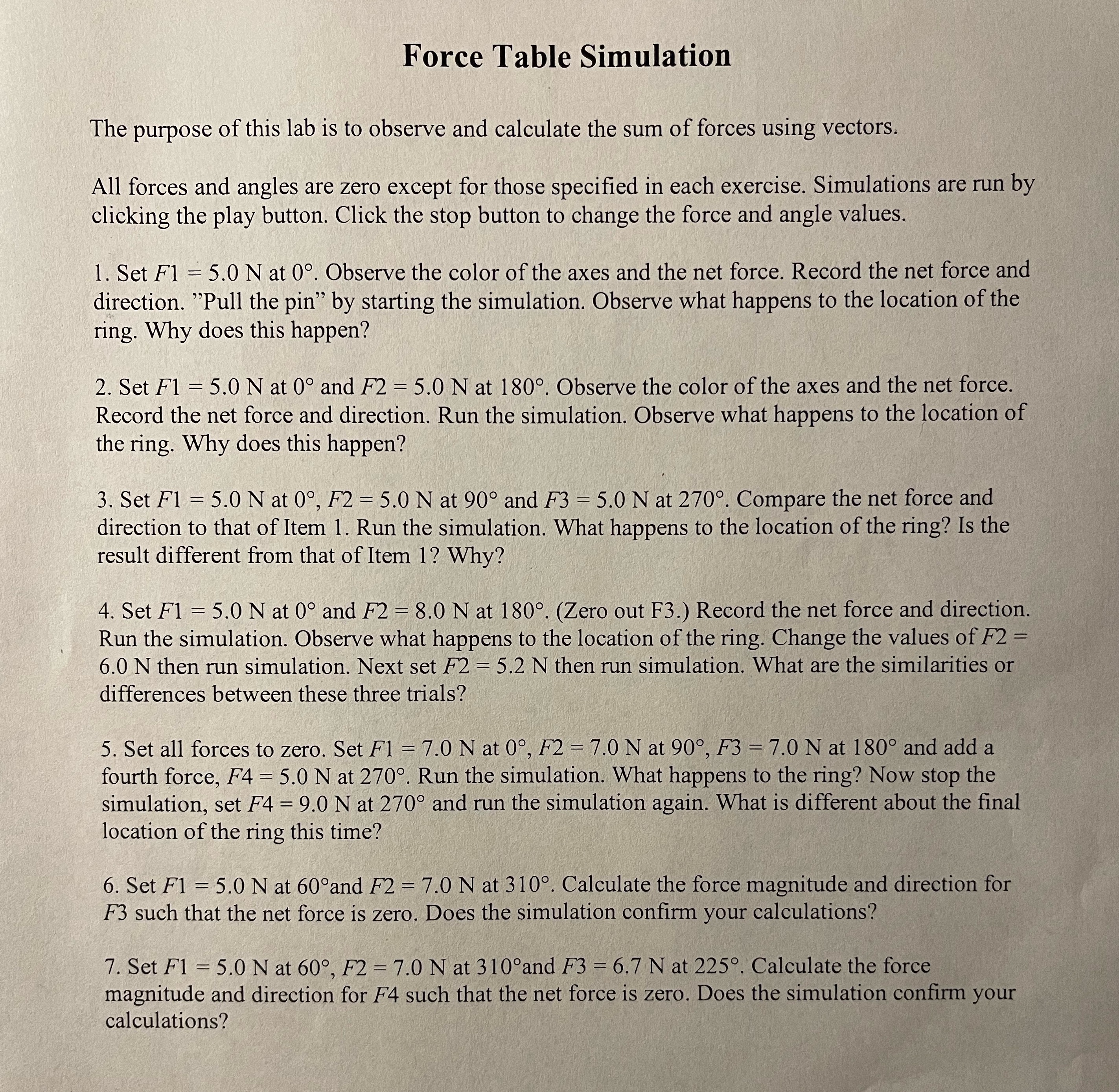 Force Table Simulation The purpose of this lab is to observe