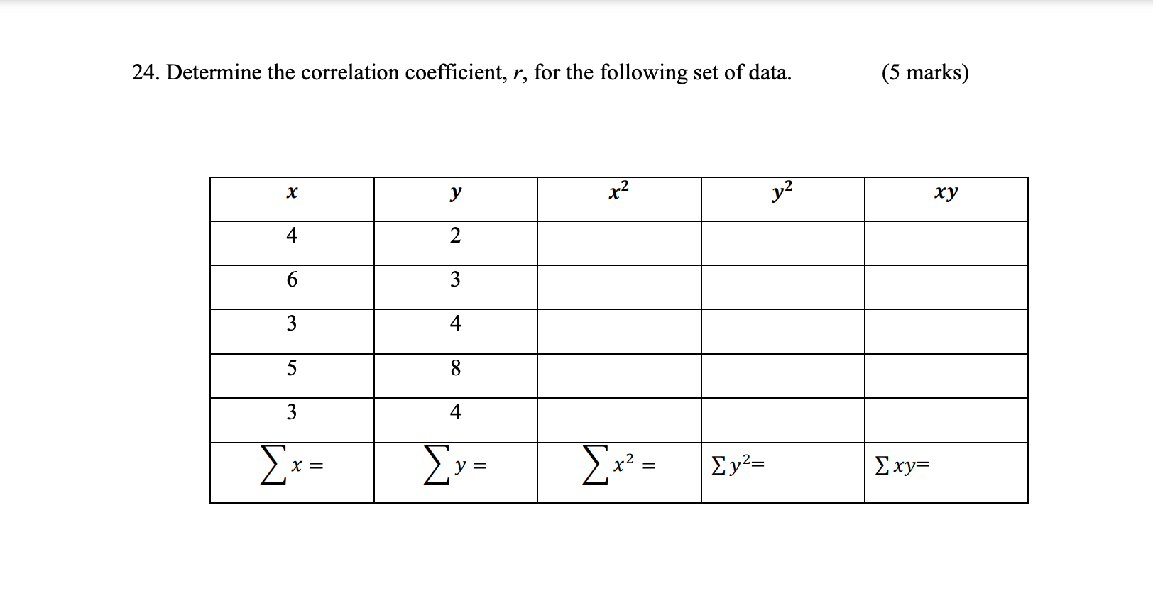 24. Determine the correlation coefficient, r, for the following set of data.