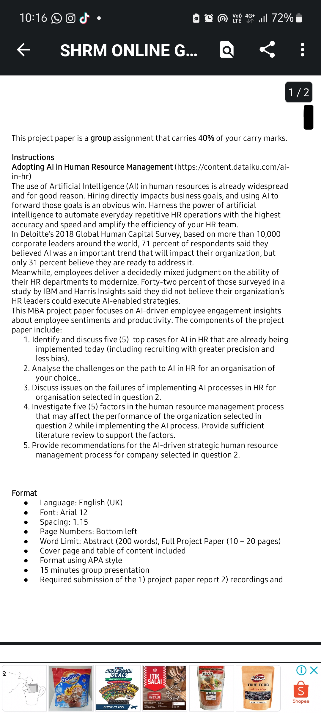 2 .lll 720/0' SHRM ONLINE G... < 1/2 his project paper is