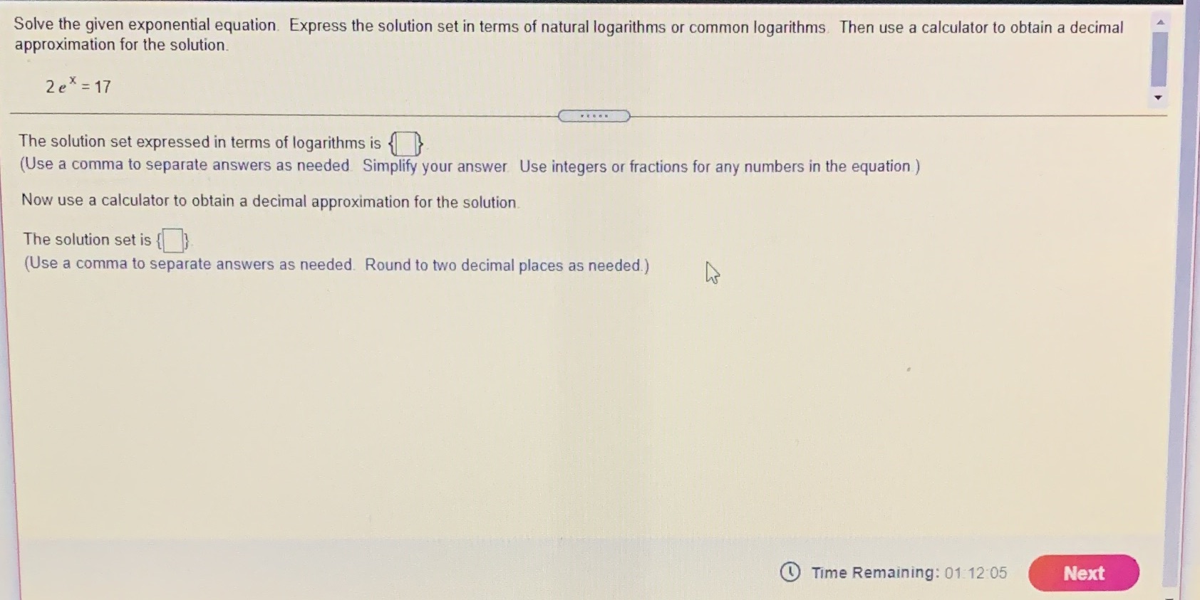  Solve the given exponential equation. Express the solution set in terms