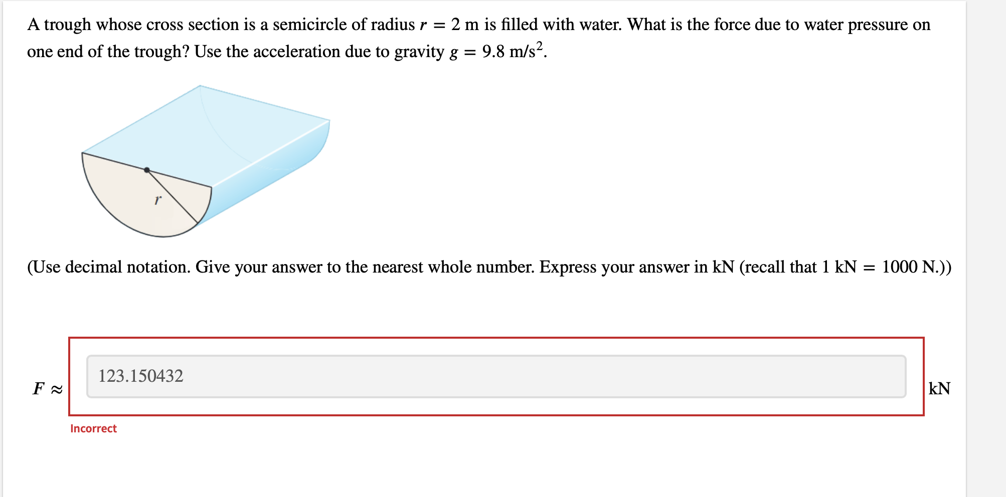 A trough whose cross section is a semicircle of radius r