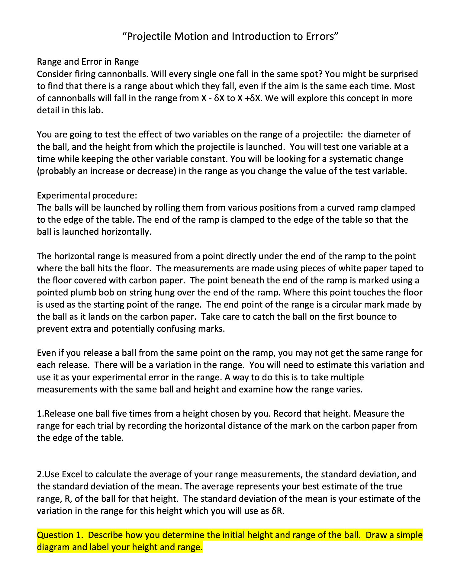  \"Projectile Motion and Introduction to Errors\" Range and Error in Range