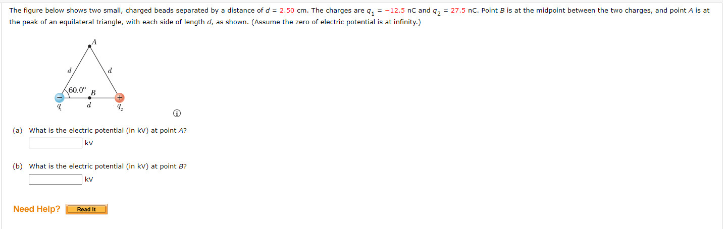  The figure below shows two small, charged beads separated by a