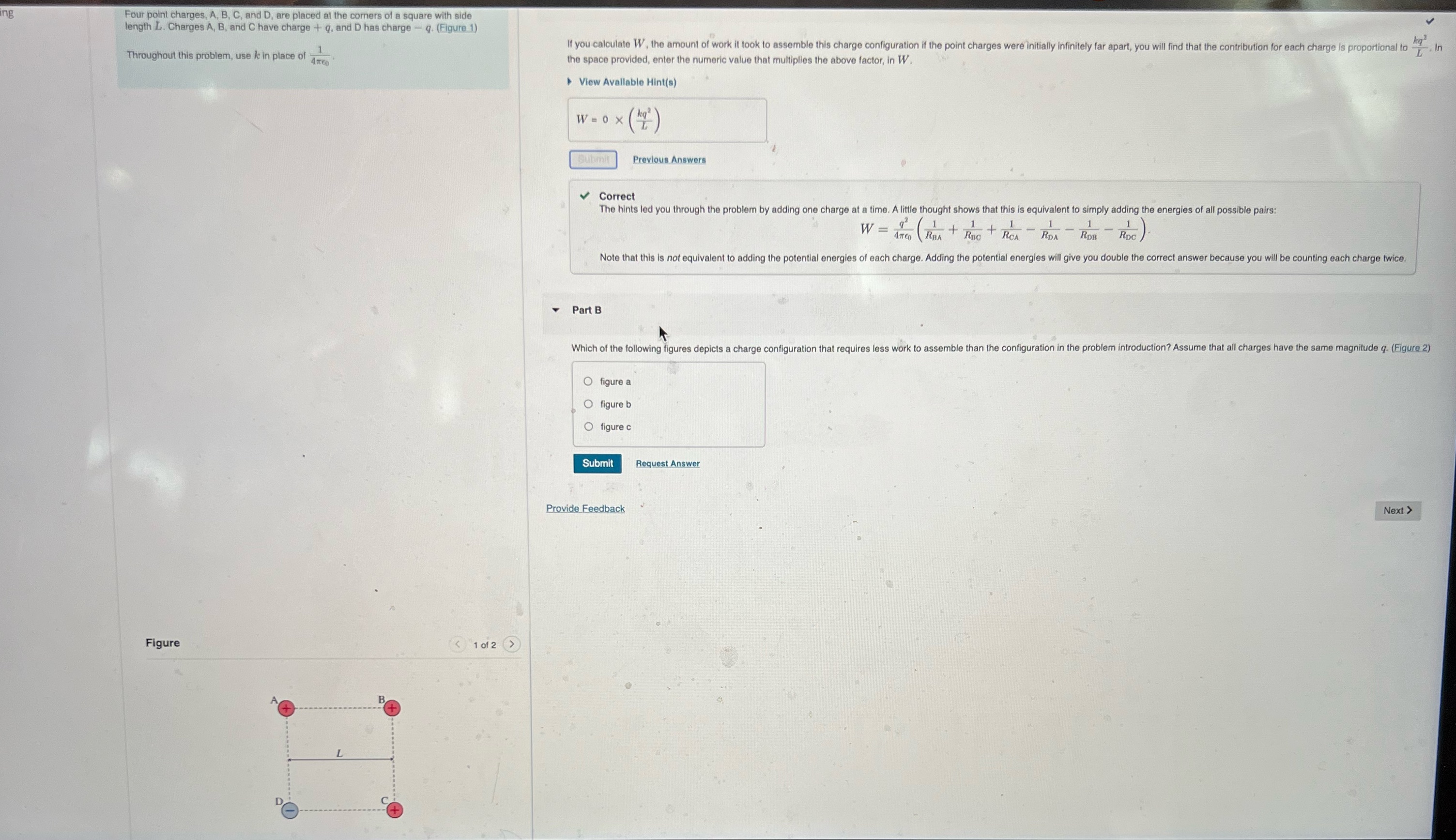 Four point charges, A, B, C, and D. are placed at