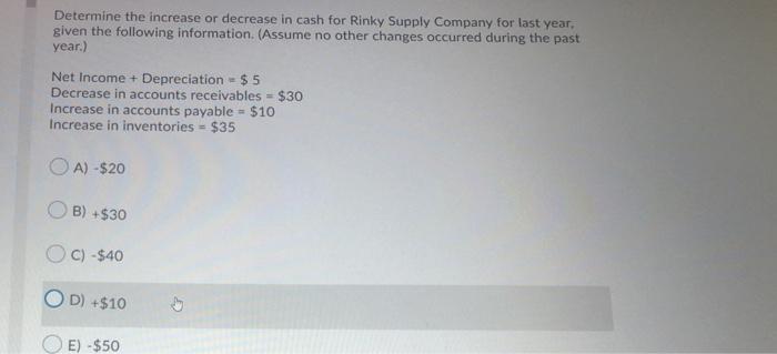  Determine the increase or decrease in cash for Rinky Supply Company