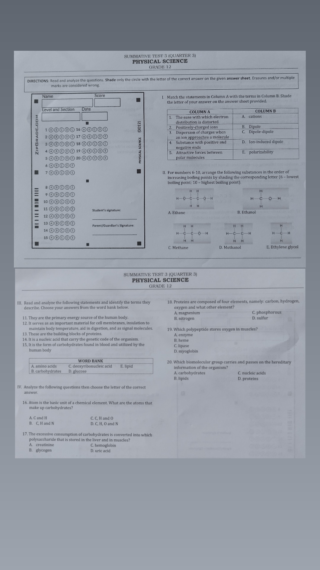 SUMMATIVE TEST 3 (QUARTER 3) PHYSICAL SCIENCE GRADE 12 DIRECTIONS: Read