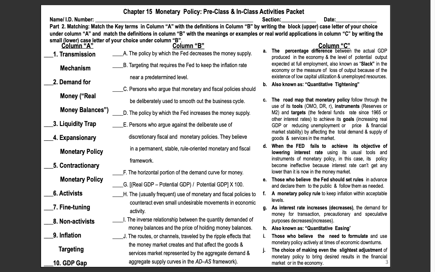 Matching: Match the Key terms in Column "A" with the definitions in