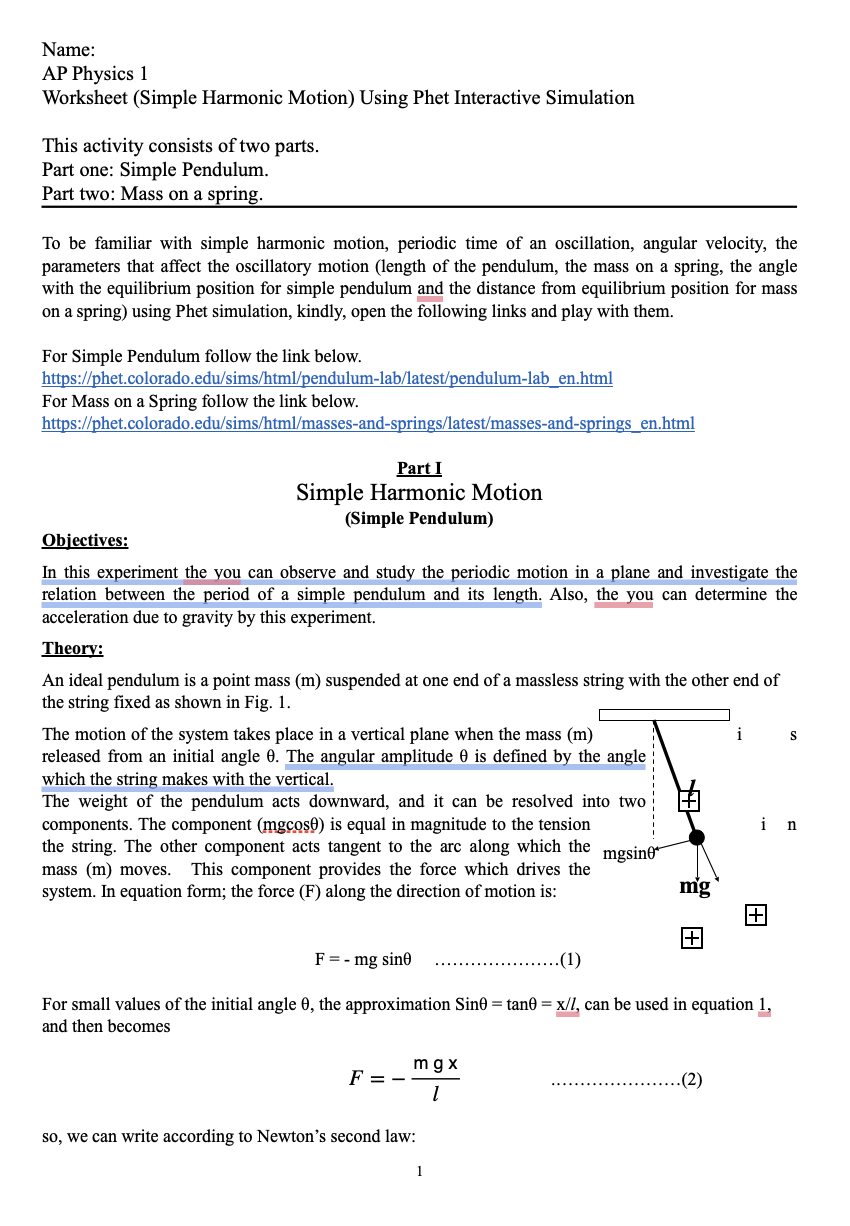  Name: AP Physics 1 Worksheet (Simple Harmonic Motion) Using Phet Interactive