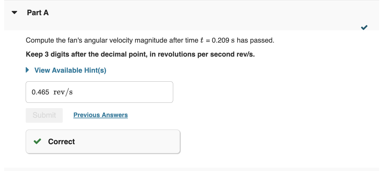 a fixed axis with an initial angular velocity magnitude of 0.280 rev