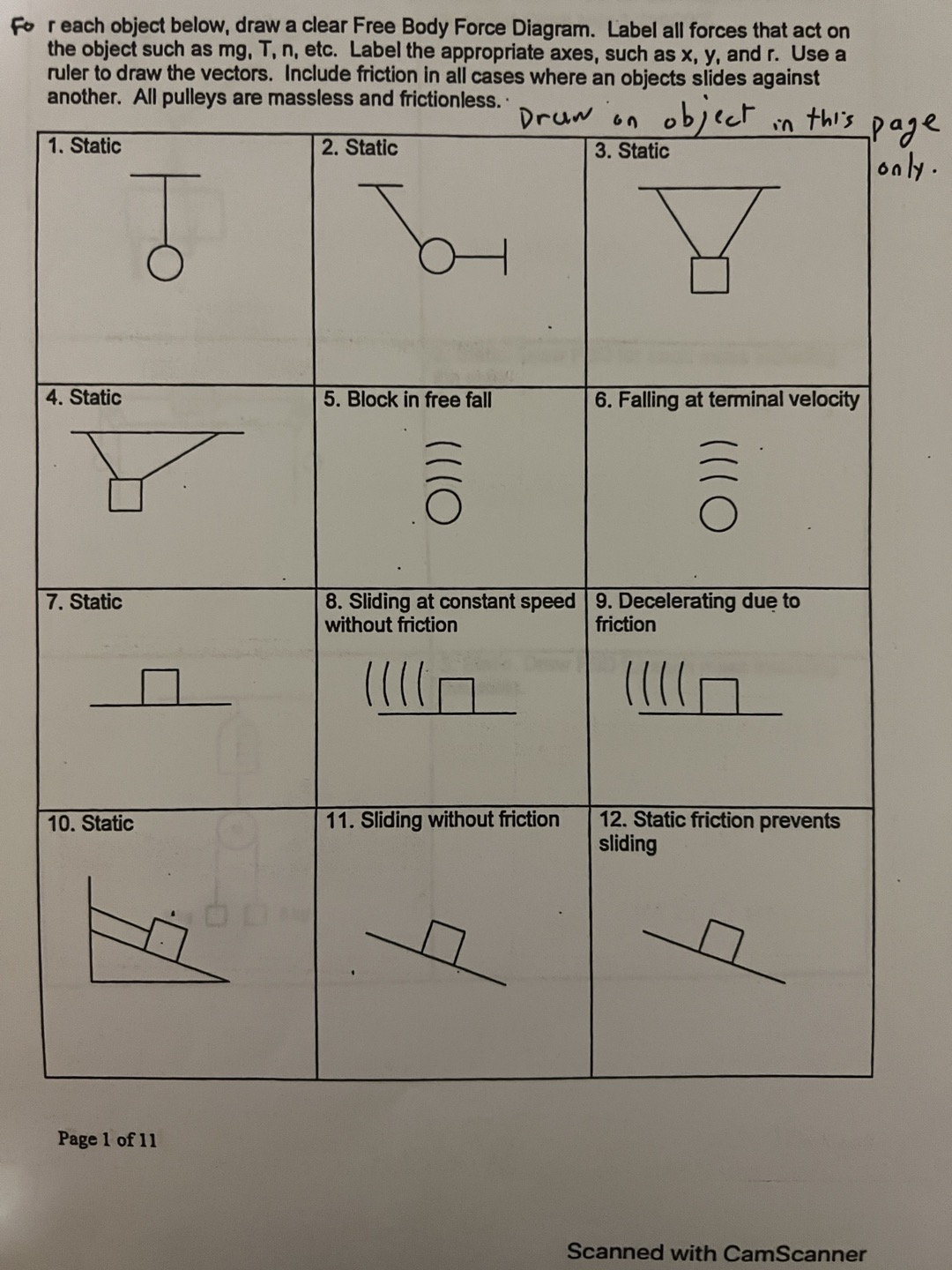Fo reach object below, draw a clear Free Body Force Diagram.