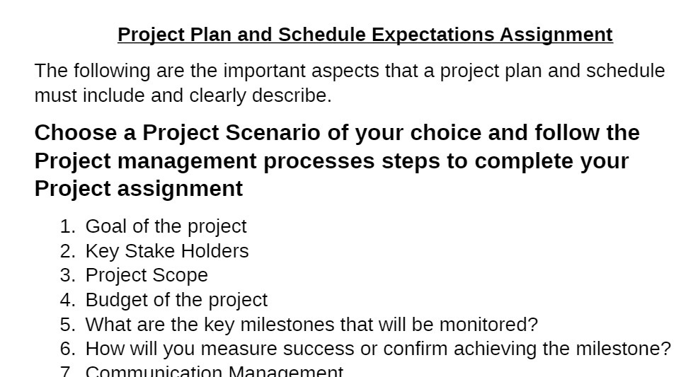  Project Plan and Schedule Expectations Assignment The following are the important
