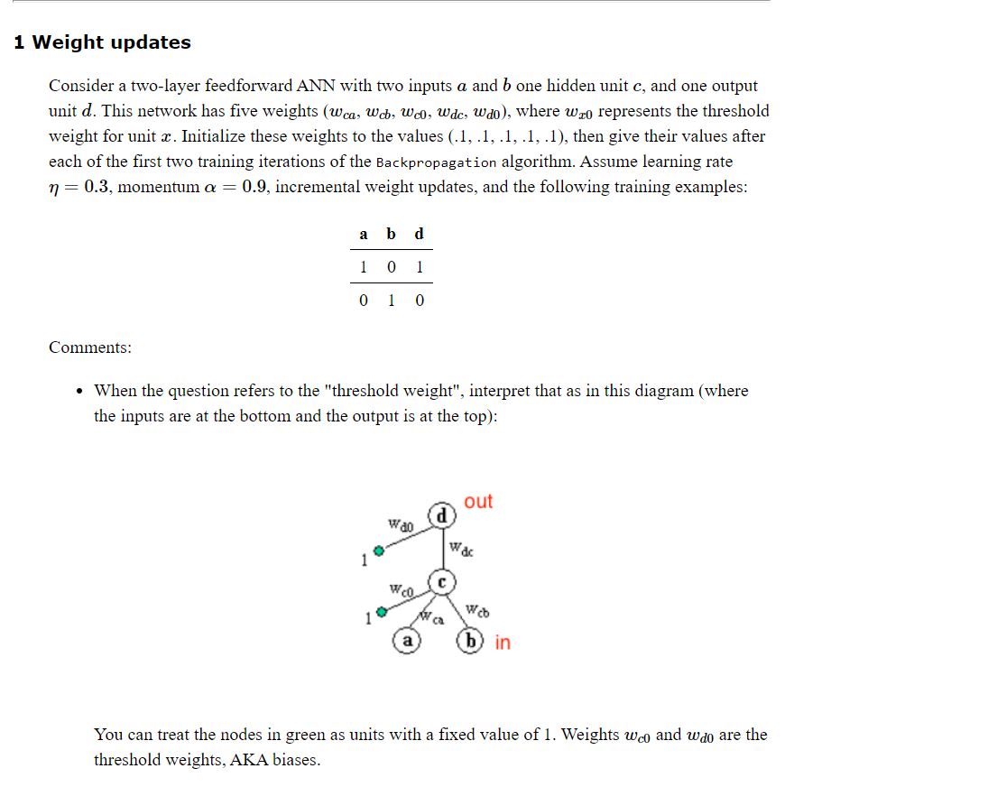  1 Weight updates Consider a twowlayer feedforward ANN with two inputs