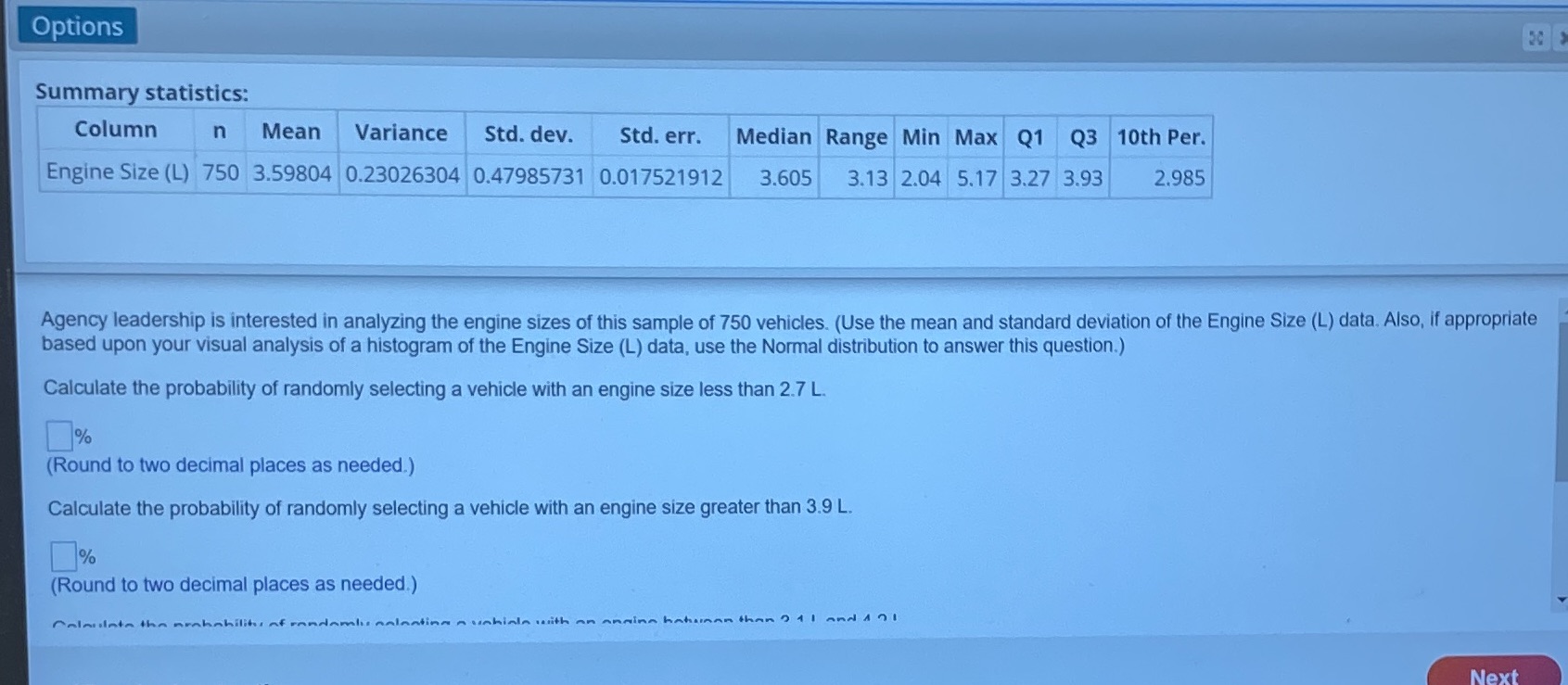  Options Summary statistics: Column n Mean Variance Std. dev. Std. err.