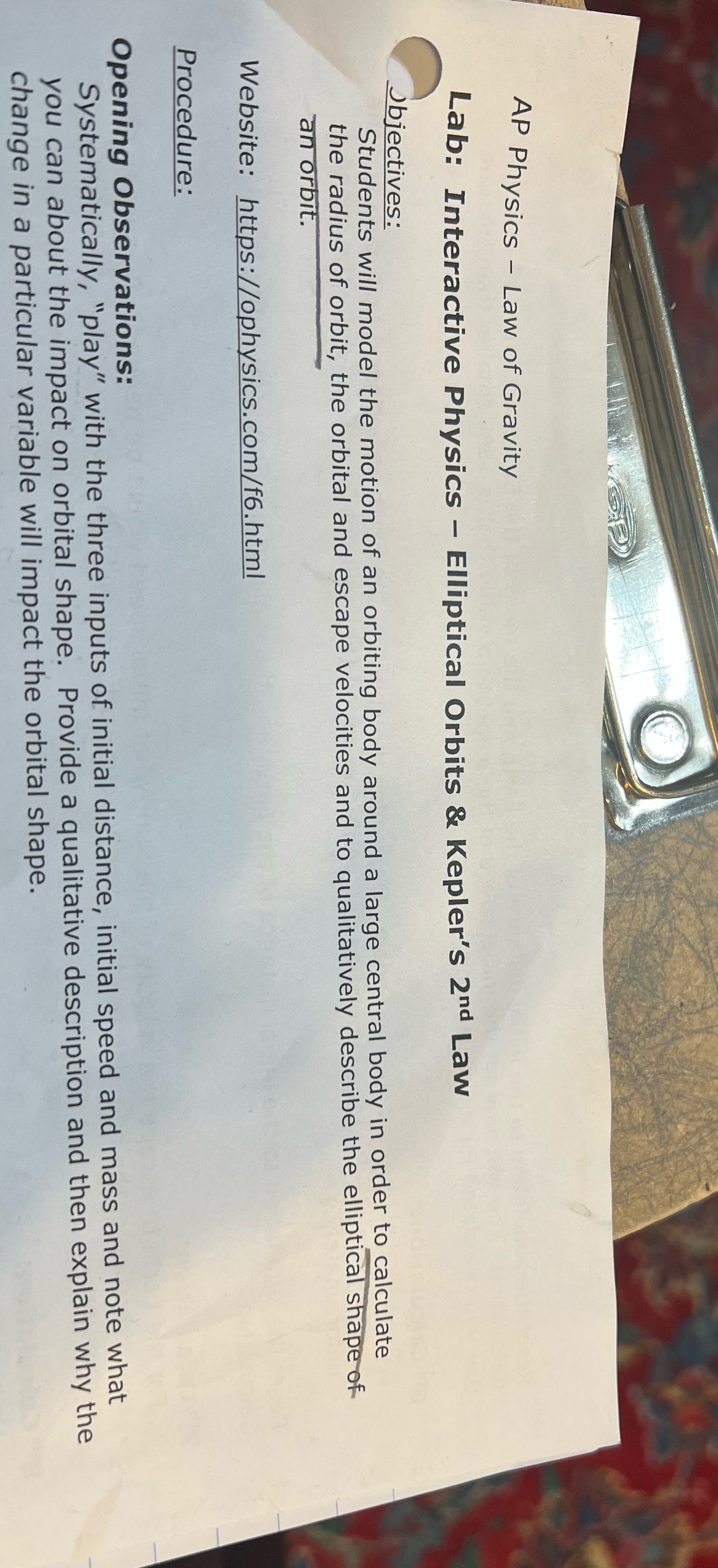 G AP Physics - Law of Gravity Lab: Interactive Physics - Elliptical