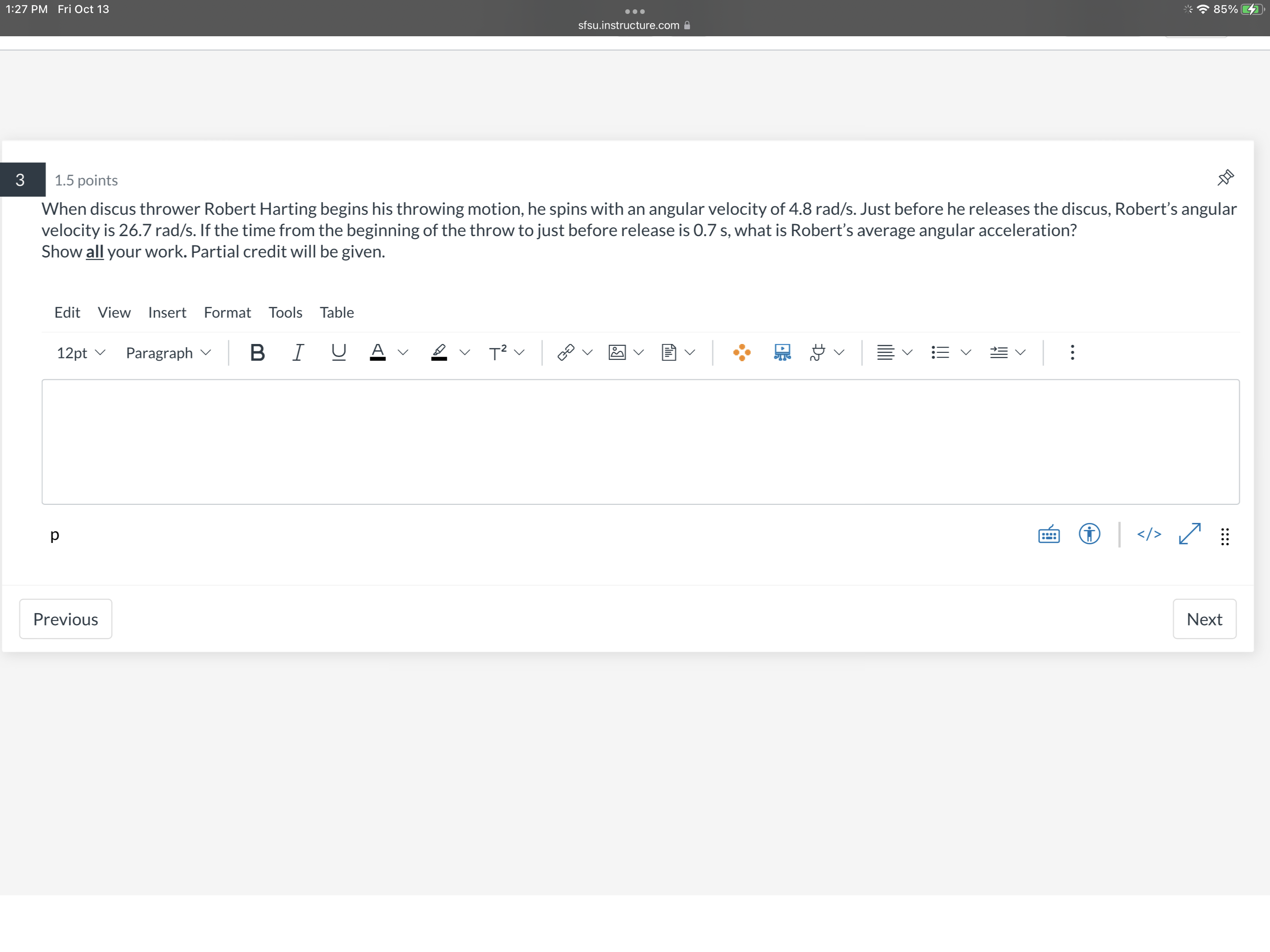  1:27 PM Fri Oct 13 . . . * 85% sfsu.instructure.com