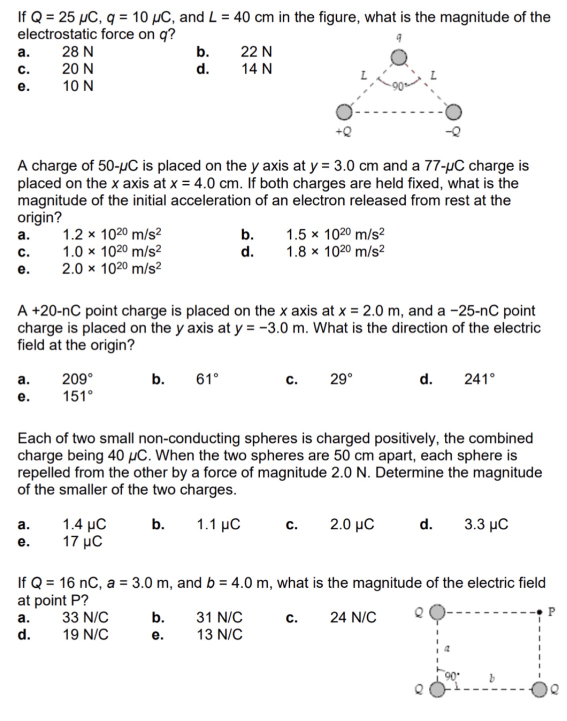 60 nC, Q2 = 80 nC, and q = 24 nC in