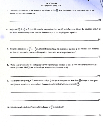 QUESTION 17-28 ONLY RC Circuits UTD physics - Spring 2024 5. The