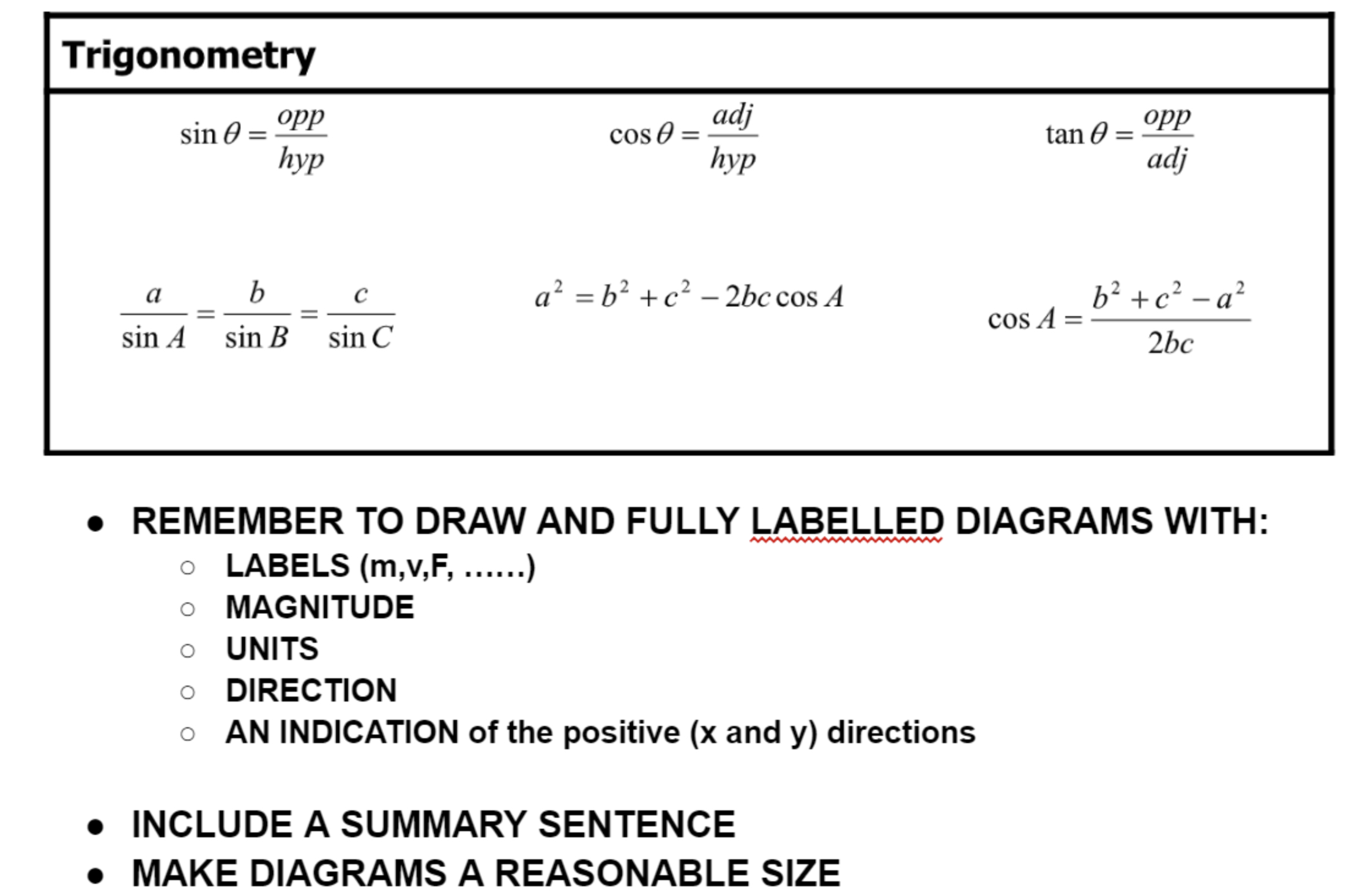Trigonometry (305.6: hyp a b c a2 = b2 +cl 2bccosA