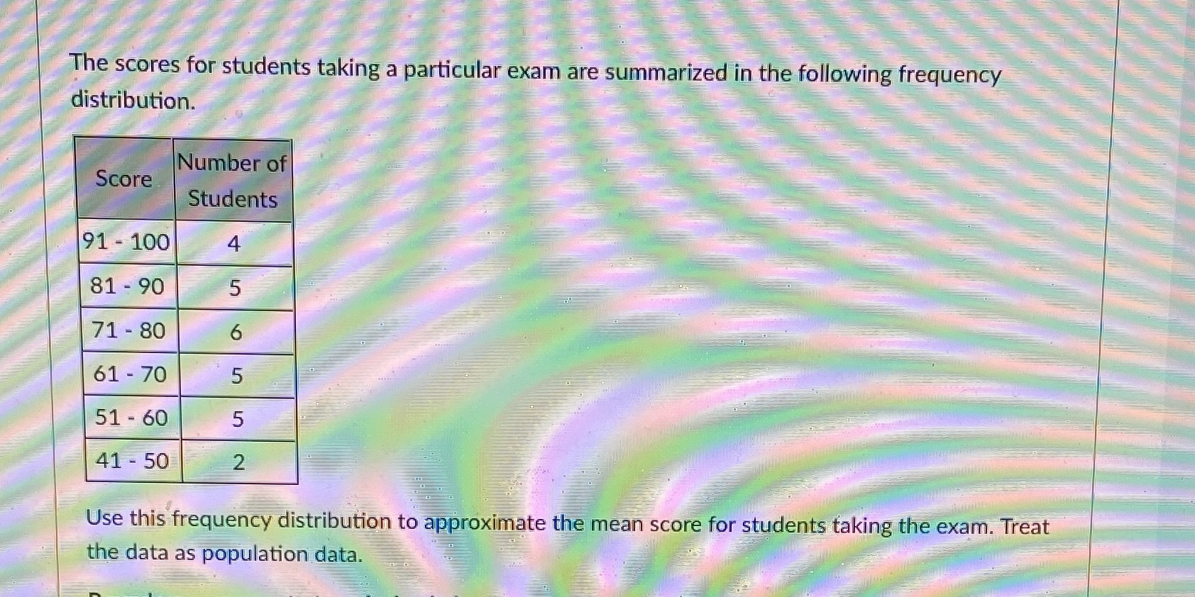  The scores for students taking a particular exam are summarized in