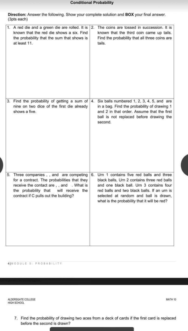 PROBABILITY Conditional Probability Direction: Answer the following. Show your complete solution and