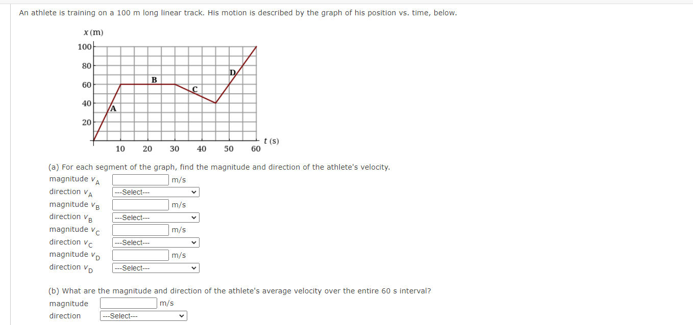 An athlete is training on a 100 m long linear track. His