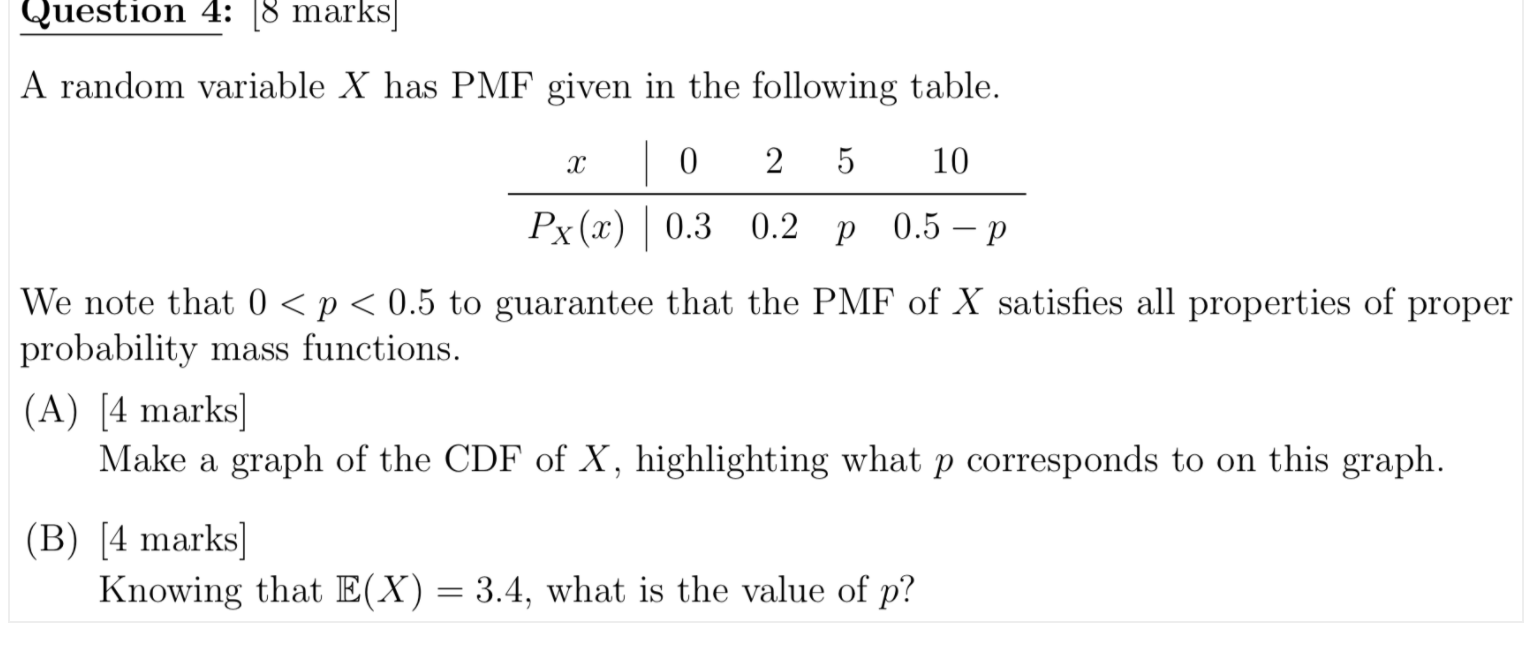 Question 4: 8 marks A random variable X has PMF given