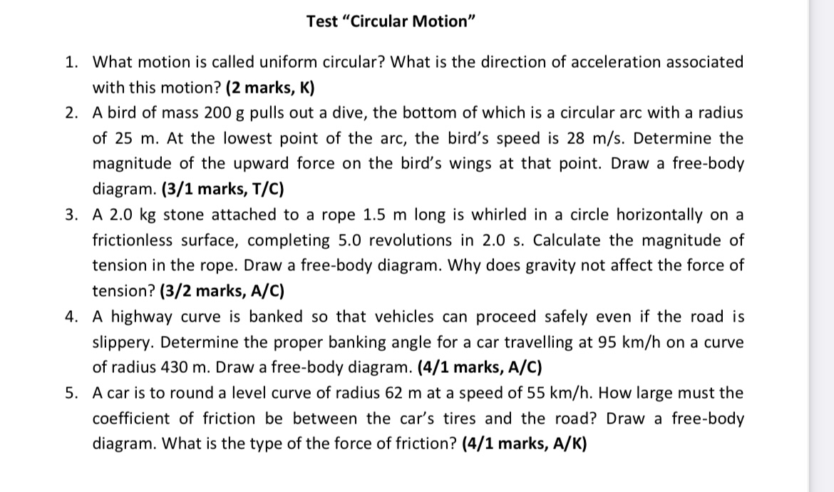 Test \"Circular Motion\" What motion is called uniform circular? What is