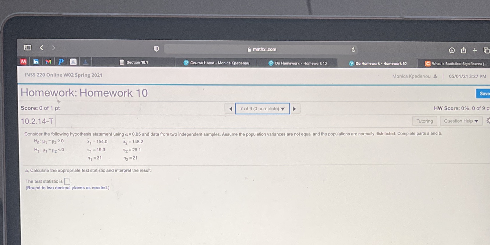 < > M in M P mathxl.com Section 10.1 Course Home-Monica Kpedenou