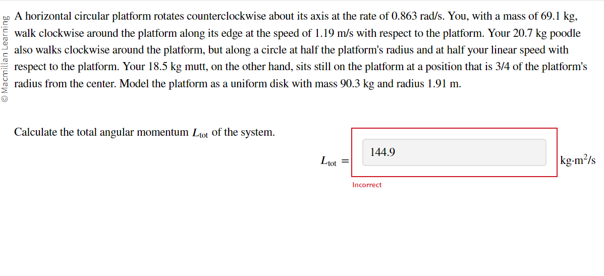 A horizontal circular platform rotates counterclockwise about its axis at the