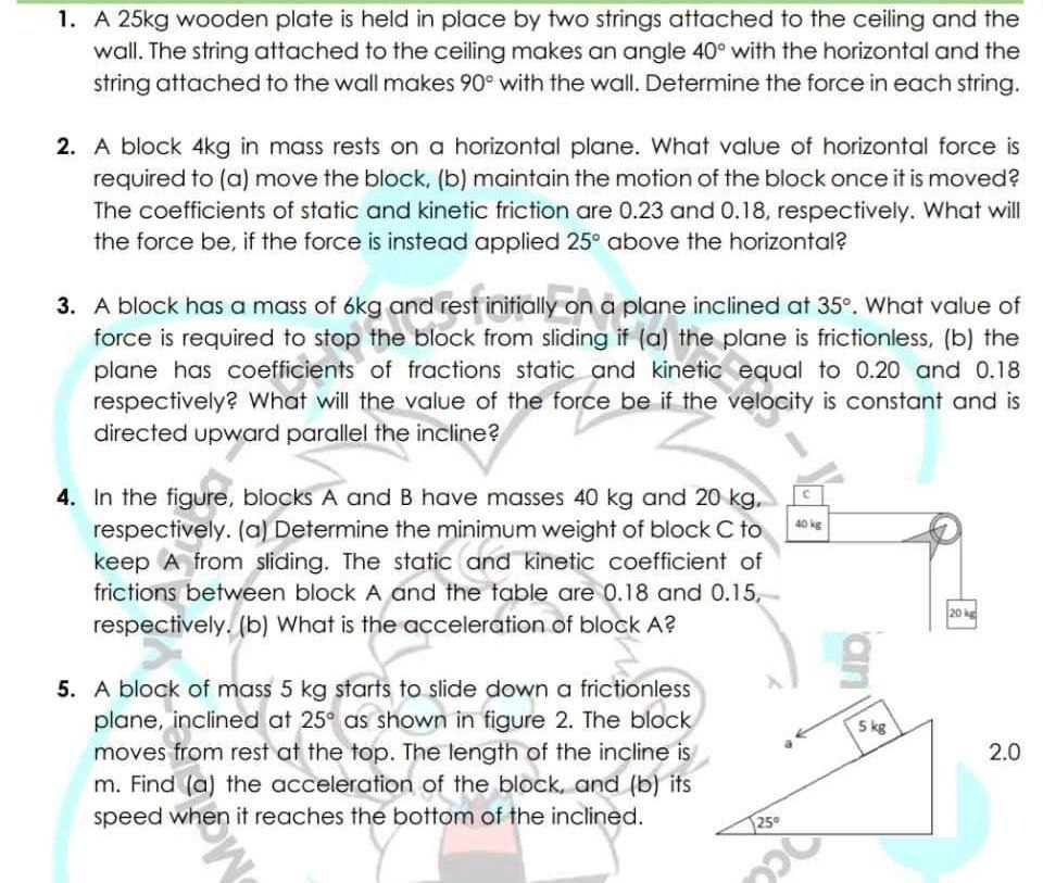 1. 2. 3. 4. 5. A 25kg wooden plate is held in